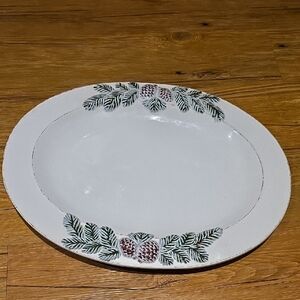 Ambiance White Oval Platter with Green Pinecone Design